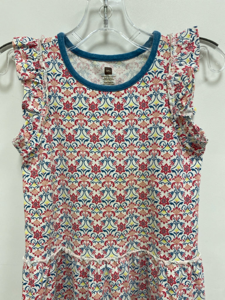 Tea SIZE 6 White/Blue Coral/Yellow Print Sleeveless Girl&