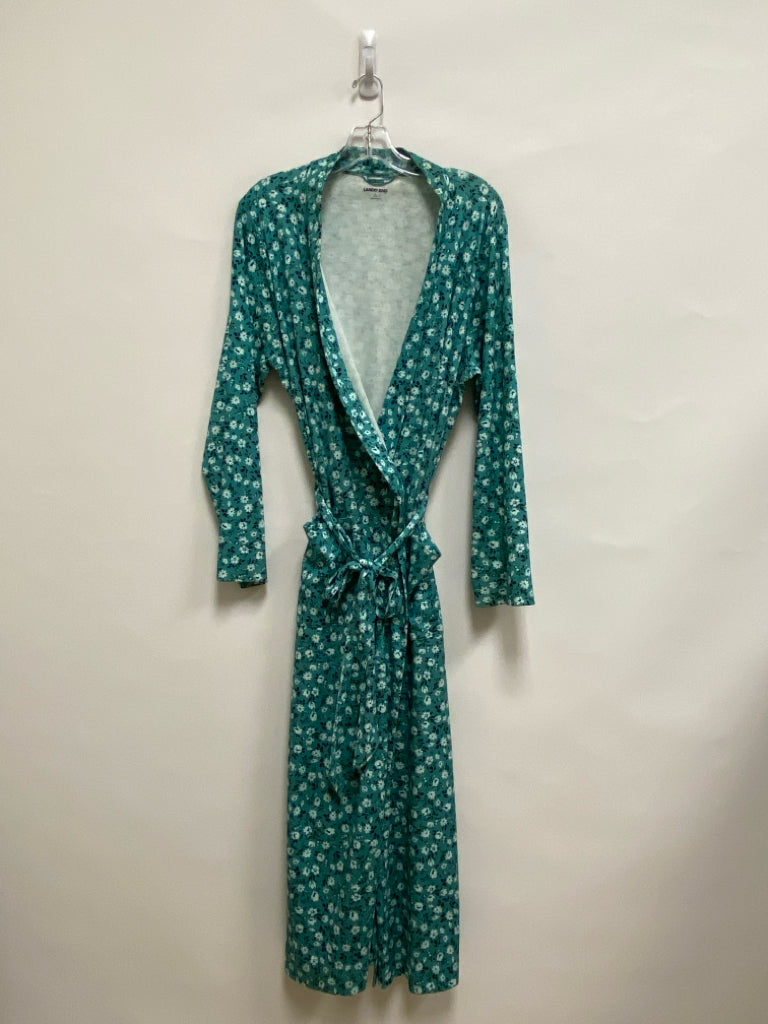 Lands End Size L Aqua Navy/Green Flowers Ladies Robe