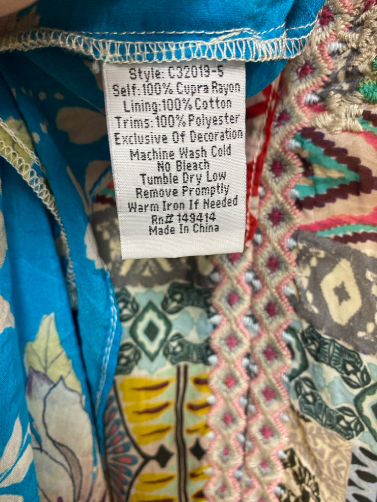 JOHNNY WAS Size XL Yellow/Cream Turquoise/Multi Patchwork Ladies Dress