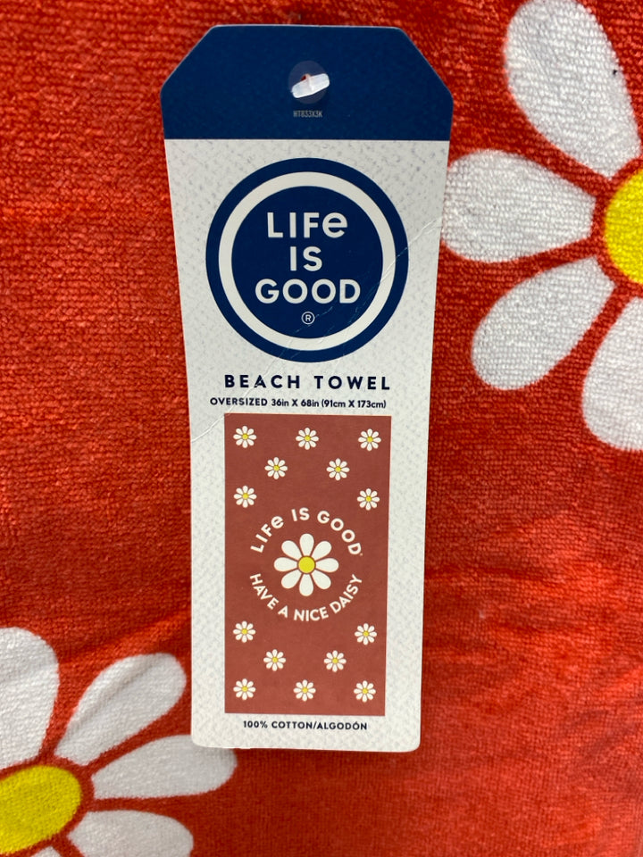 NWT Life is Good Coral White Flowers Beach Towel