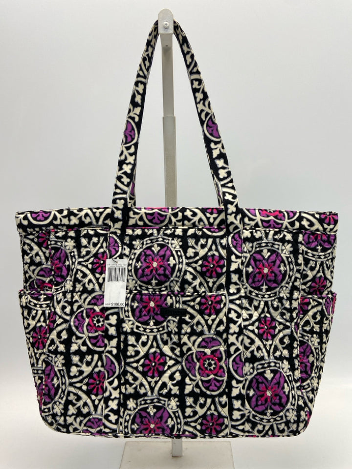 NWT Vera Bradley Cream/Black Purple Print Fabric Tote Bag