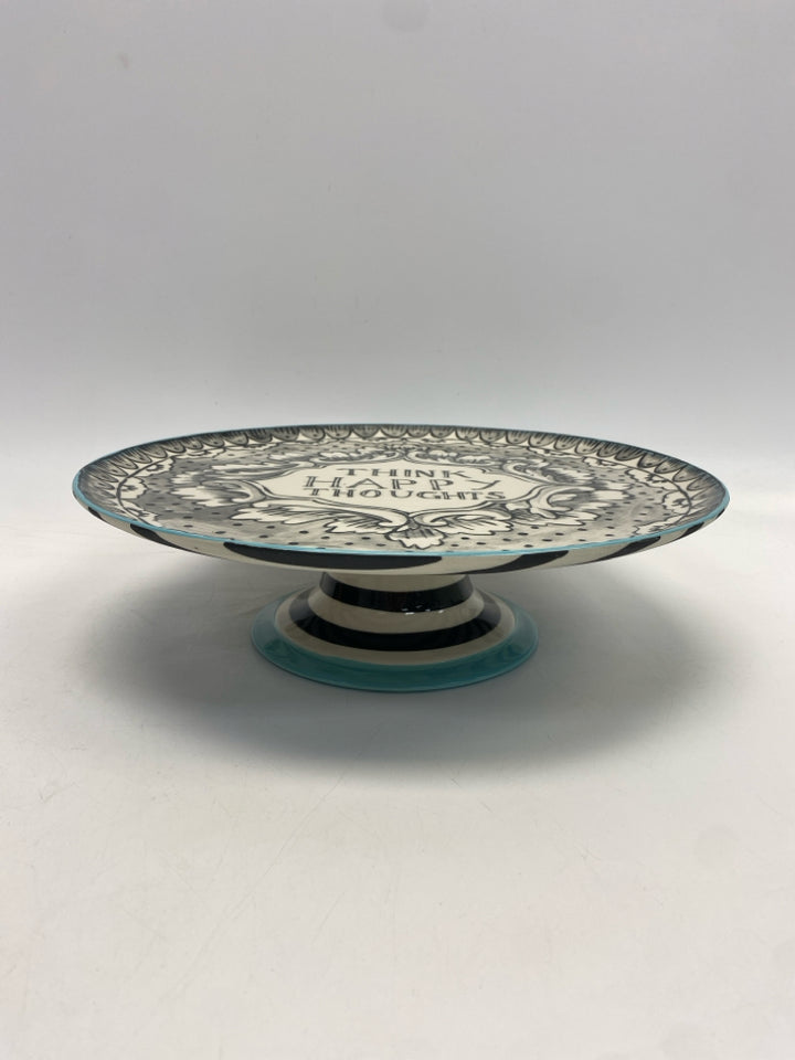 Anthropologie Black/White Turquoise Words Ceramic Cake Plate/Stand