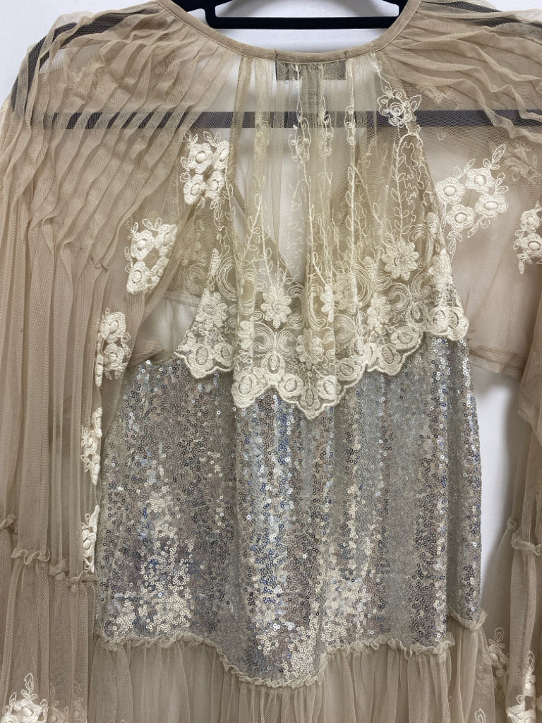 Size XS Beige Silver Sequins Bell Sleeves Sheer Ladies Top