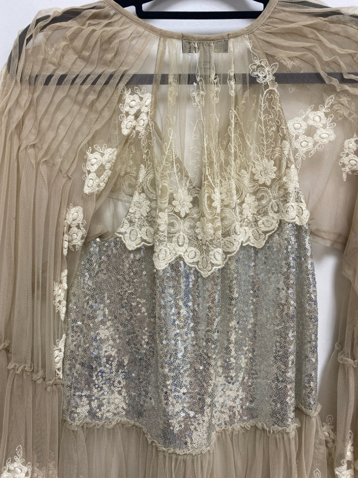 Size XS Beige Silver Sequins Bell Sleeves Sheer Ladies Top