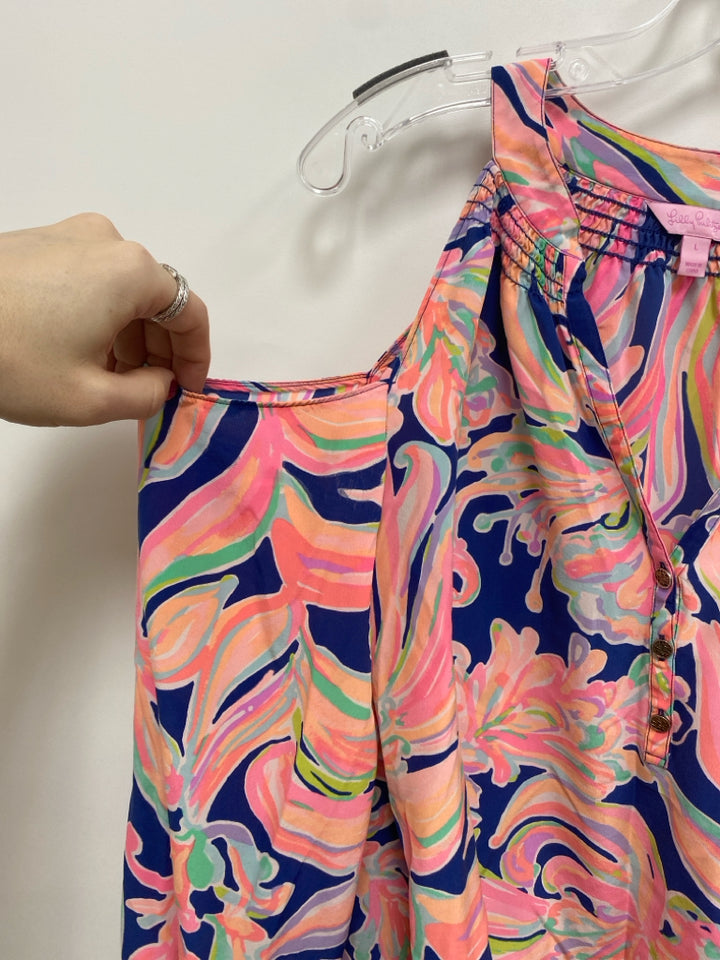 LILLY PULITZER Size L Aqua/Navy Coral/Multi Floral Cold Shoulder Silk Ladies Top