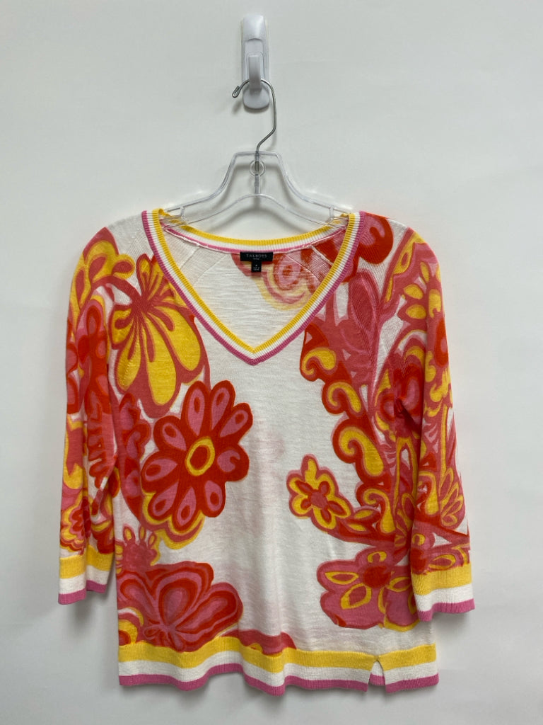 Talbots Petite Size P Pink White/Yellow Flowers Petite Sweater