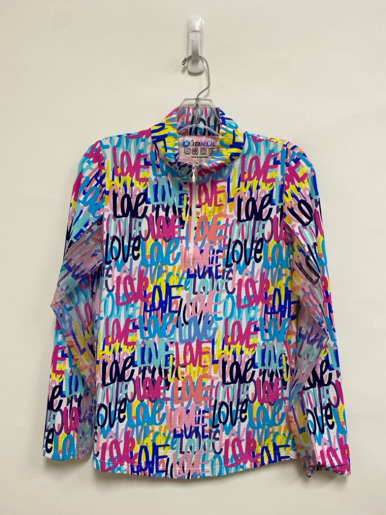 IBKUL Size S White Multi Color Words Mock Neck Ladies Top