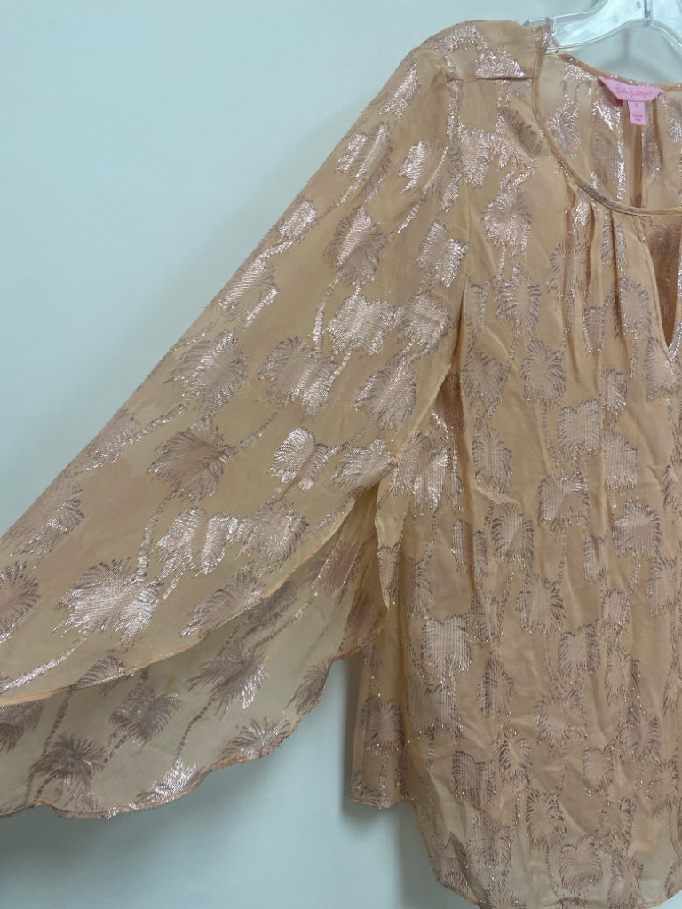 LILLY PULITZER Size S Peach Silver Palm Trees Bell Sleeves Sheer Ladies Top
