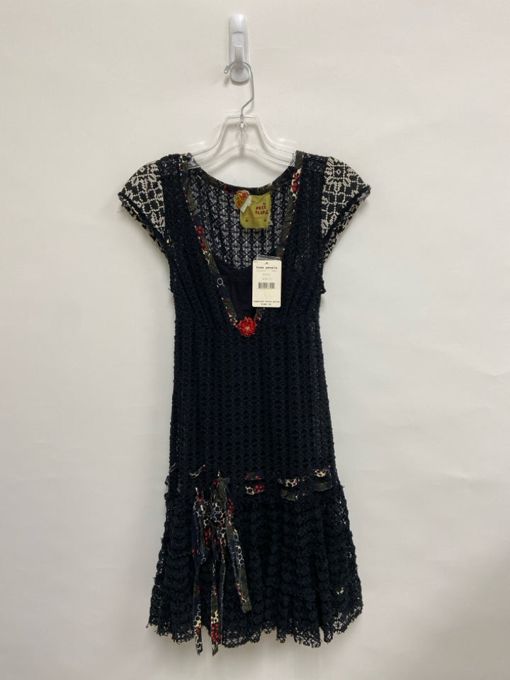 NWT Free People Size 0 Black Red/Cream Embroidered Crochet Ladies Dress