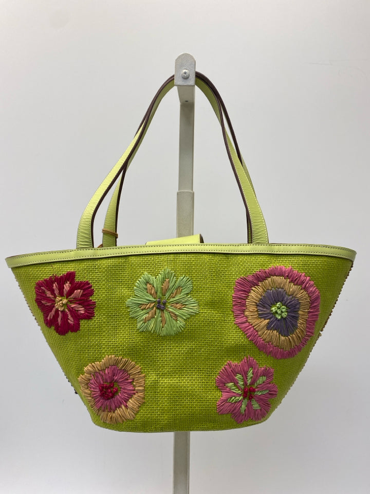 Sigrid Olsen Lime Green Multi-Color Beaded Straw Handbag