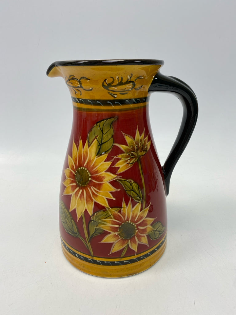 Pier 1 Dark Red Gold/Green Flowers Pitcher