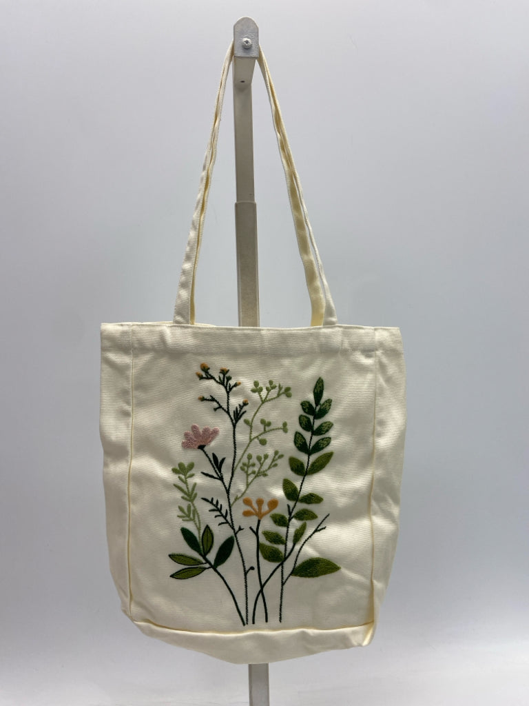 Cream Multi-Color Floral Embroidered Tote Bag