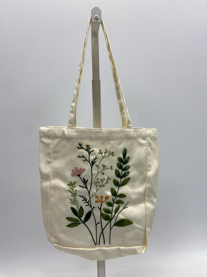 Cream Multi-Color Floral Embroidered Tote Bag