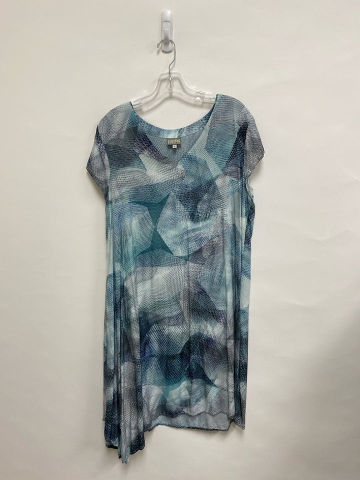 Size L Aqua/Black Turquoise/gray Abstract V Neck Ladies Dress