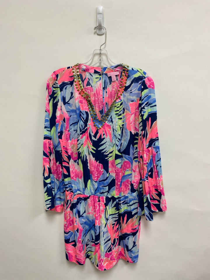 LILLY PULITZER Size S Navy/Pink Blue/Green Bell Sleeves Silk Ladies Romper