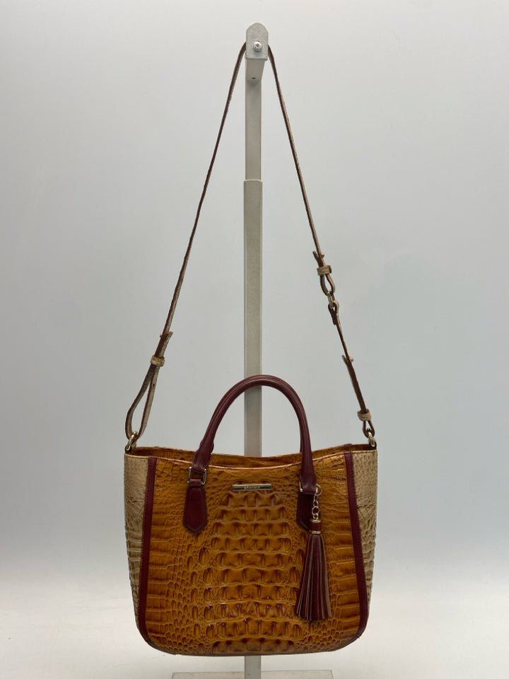 Brahmin Orange/Tan Burgundy Embossed Leather Handbag
