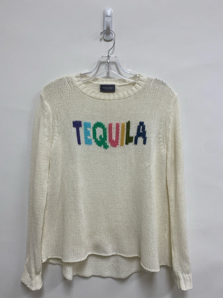 Wooden Ships Size XS White Multi Color Words Ladies Sweater