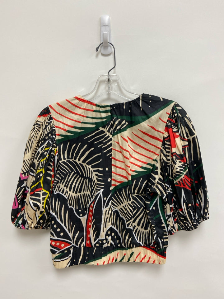 FIGUE Size 4 Cream/Black Green/Multi Abstract Puff Sleeve Ladies Top