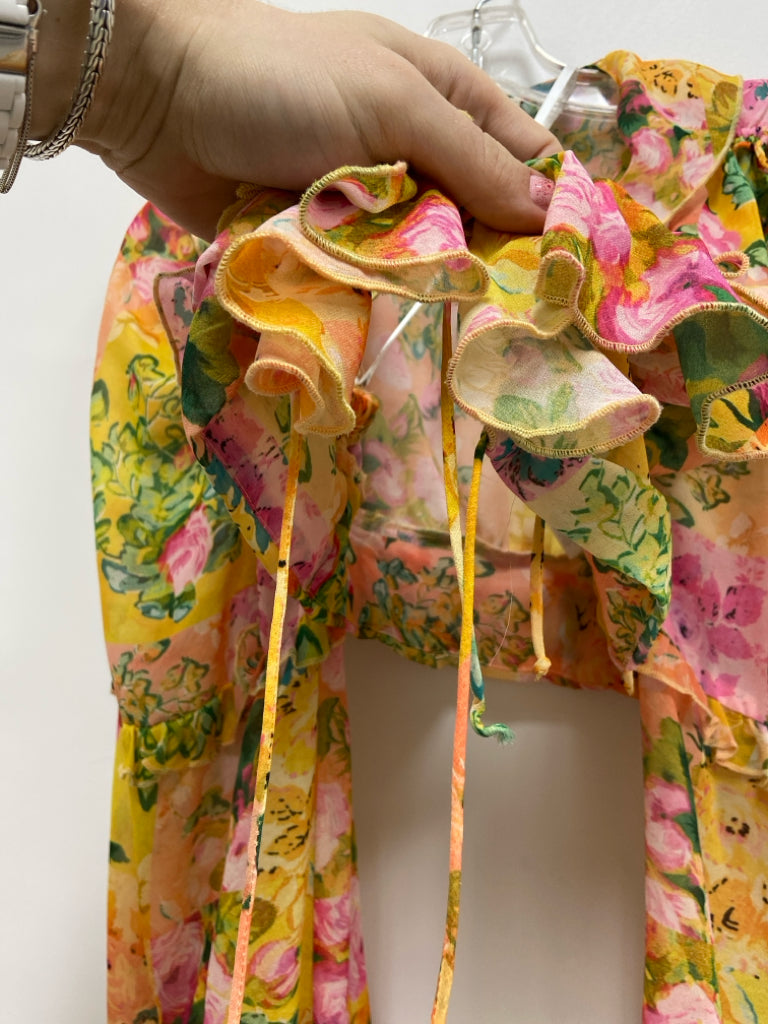 For Love &amp; Lemons Size S Yellow Pink/Green Floral Cropped Ladies Top
