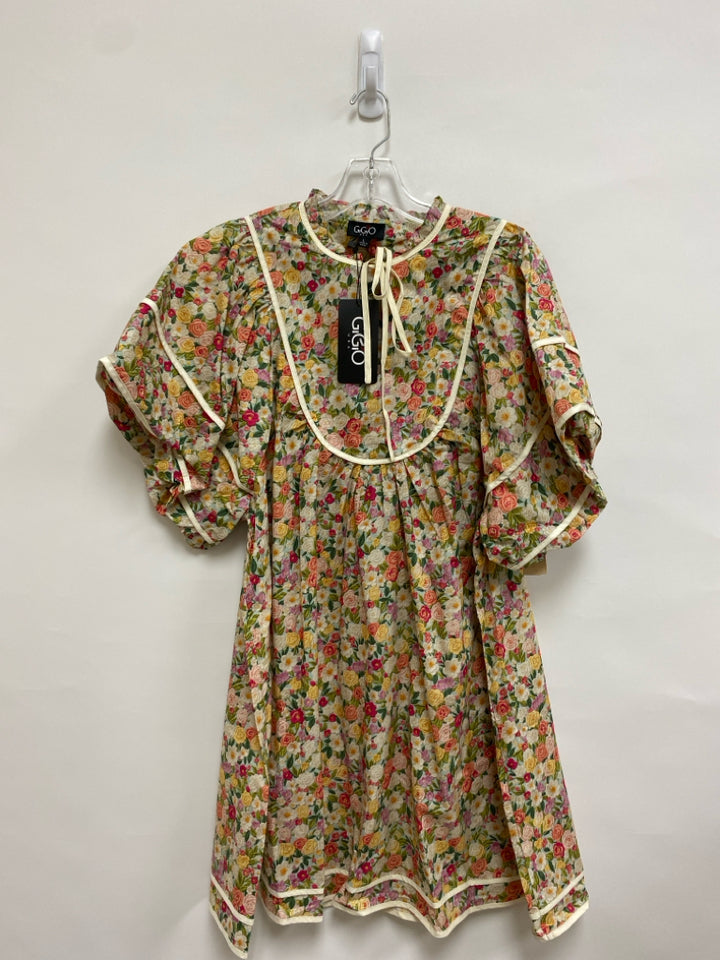 NWT GiGiO Size L Cream/Coral Yellow/Multi Flowers Puff Sleeve Ladies Dress