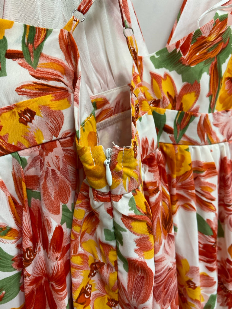 Size M White/Orange Coral/Green Flowers Maxi Ladies Dress