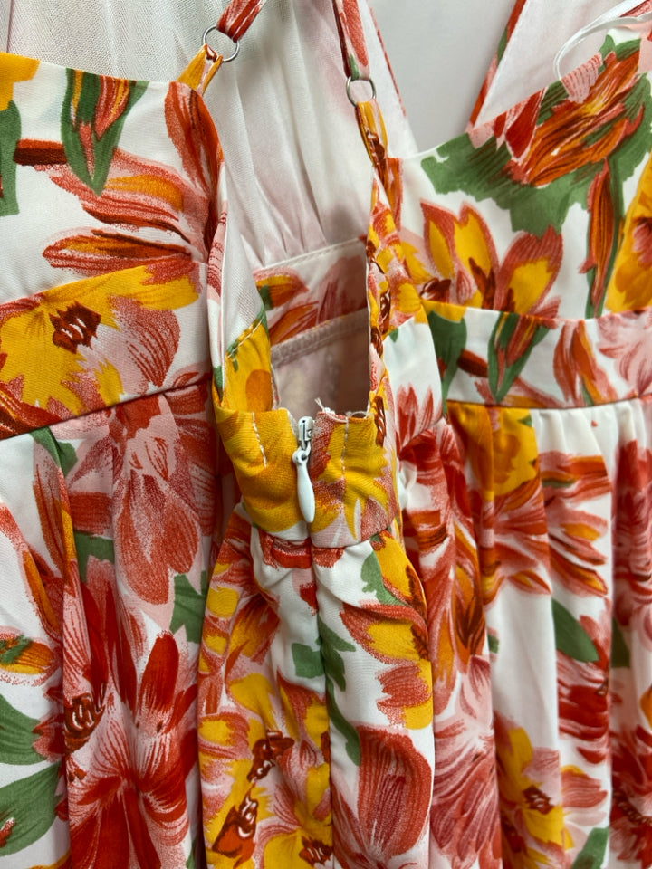 Size M White/Orange Coral/Green Flowers Maxi Ladies Dress