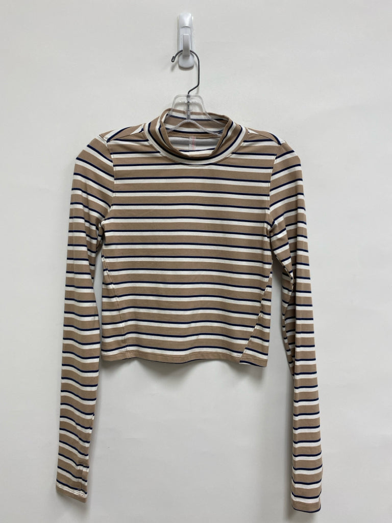 Free People Size XS Tan Cream/Navy Striped Mock Neck Ladies Top