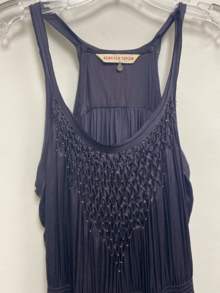 Rebecca Taylor Size 4 Dark Purple Smocking Sleeveless Silk Blend Ladies Dress