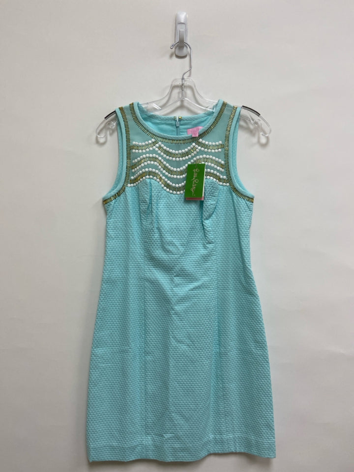 NWT LILLY PULITZER Size 2 Aqua Gold/White Beaded Sleeveless Ladies Dress