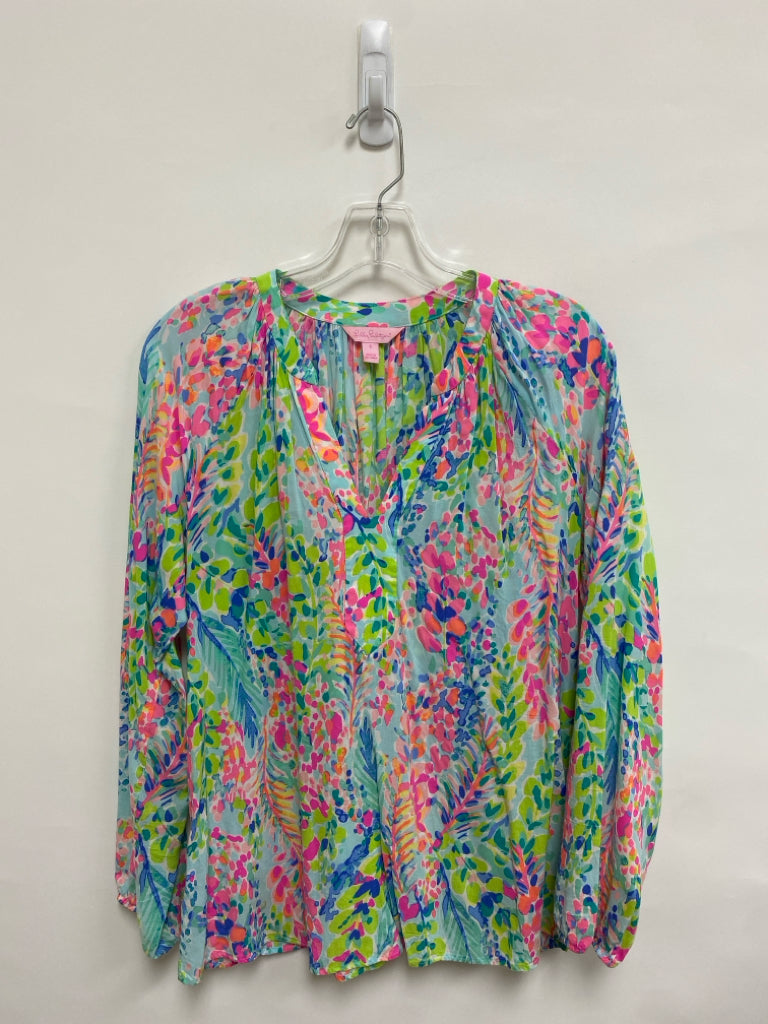 LILLY PULITZER Size S Aqua/Pink Periwinkle/Multi Floral V Neck Ladies Top