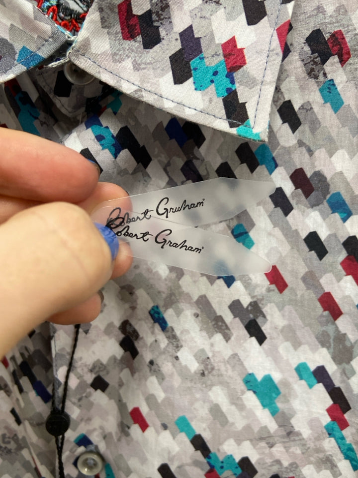 NWT Robert Graham Size L Gray Blue/Red Print Men&