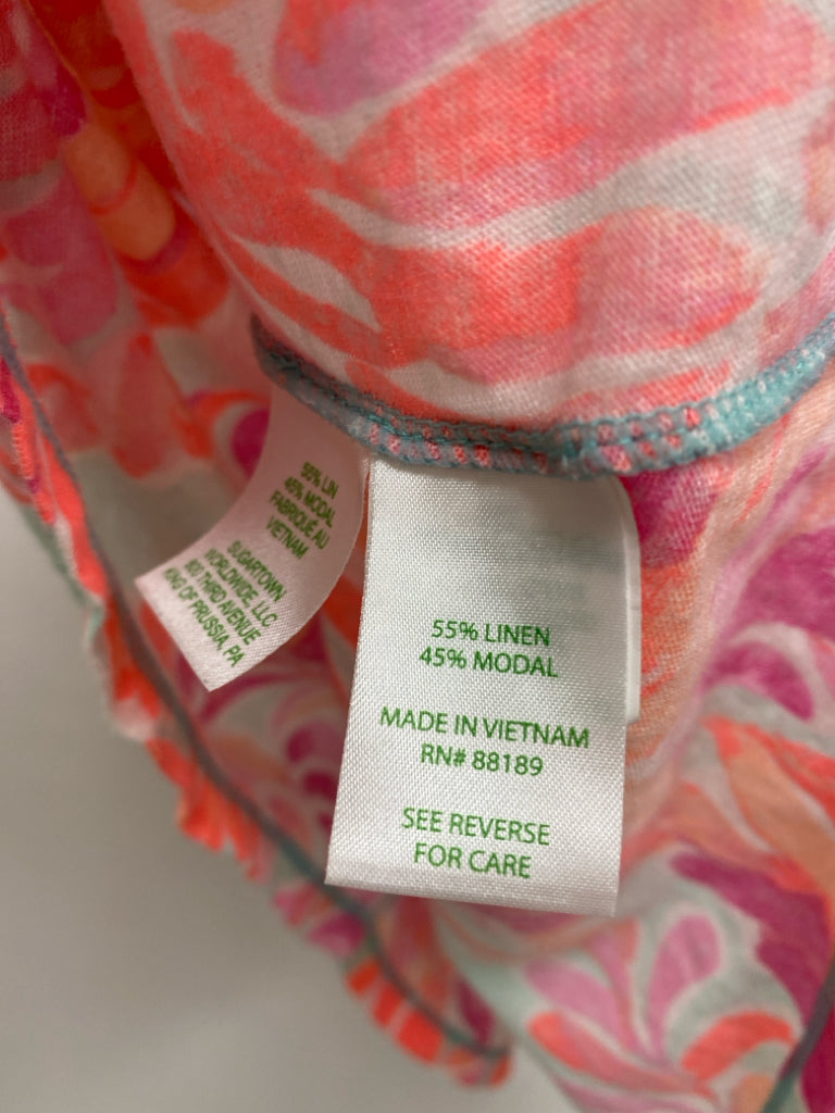 LILLY PULITZER Size S Aqua/Pink Neon Coral Flamingo Linen Blend Ladies Top