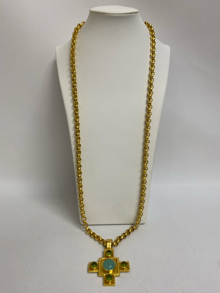 Julie Vos Gold Color Blue/Green Cross Necklace