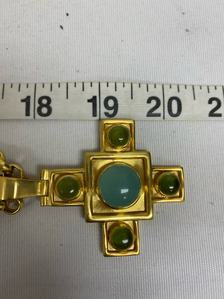 Julie Vos Gold Color Blue/Green Cross Necklace