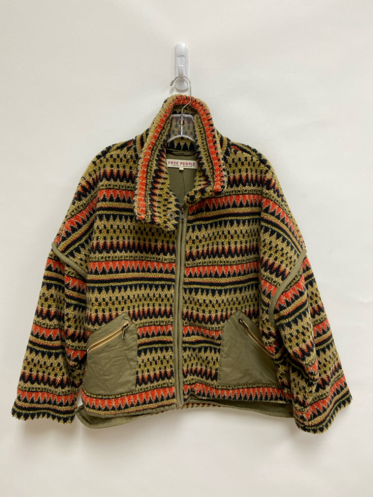 Free People Size S Olive Green Orange/Black Southwestern Fleece Ladies Jacket