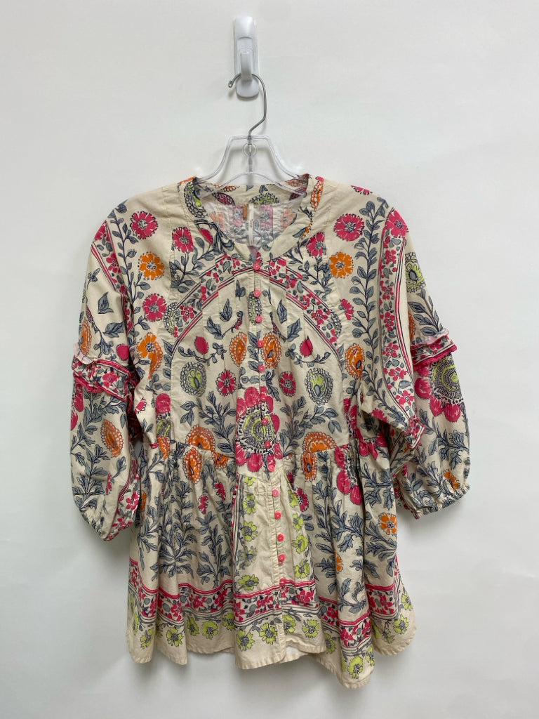 Free People Size S Cream Pink/Navy Floral Button Up Ladies Top