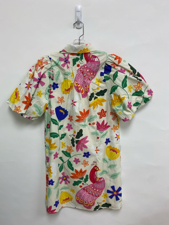 Size S Cream/Red Pink/Multi Peacock Puff Sleeve Ladies Dress