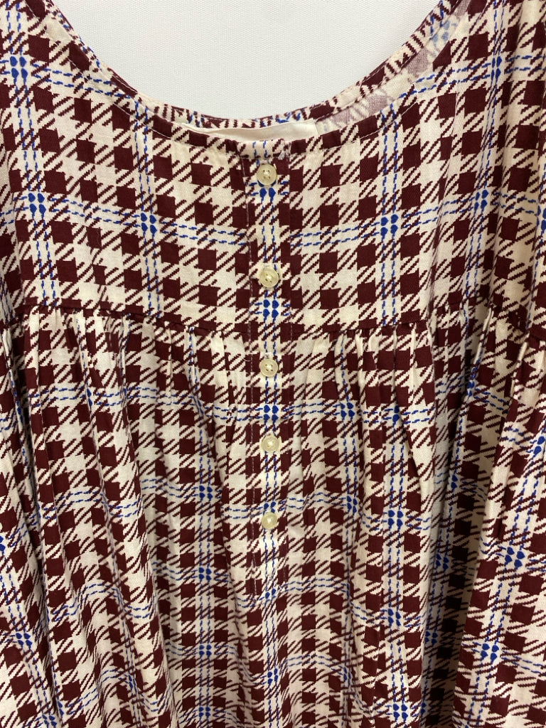 The GREAT. Size 1 Cream Burgundy/Blue Checkered Sleeveless Ladies Lounge Dress