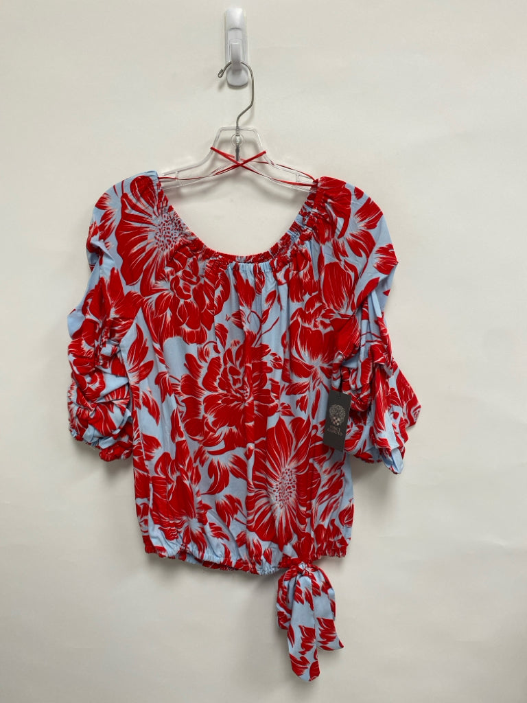 NWT VINCE CAMUTO Size S Powder Blue Red Flowers Puff Sleeve Ladies Top