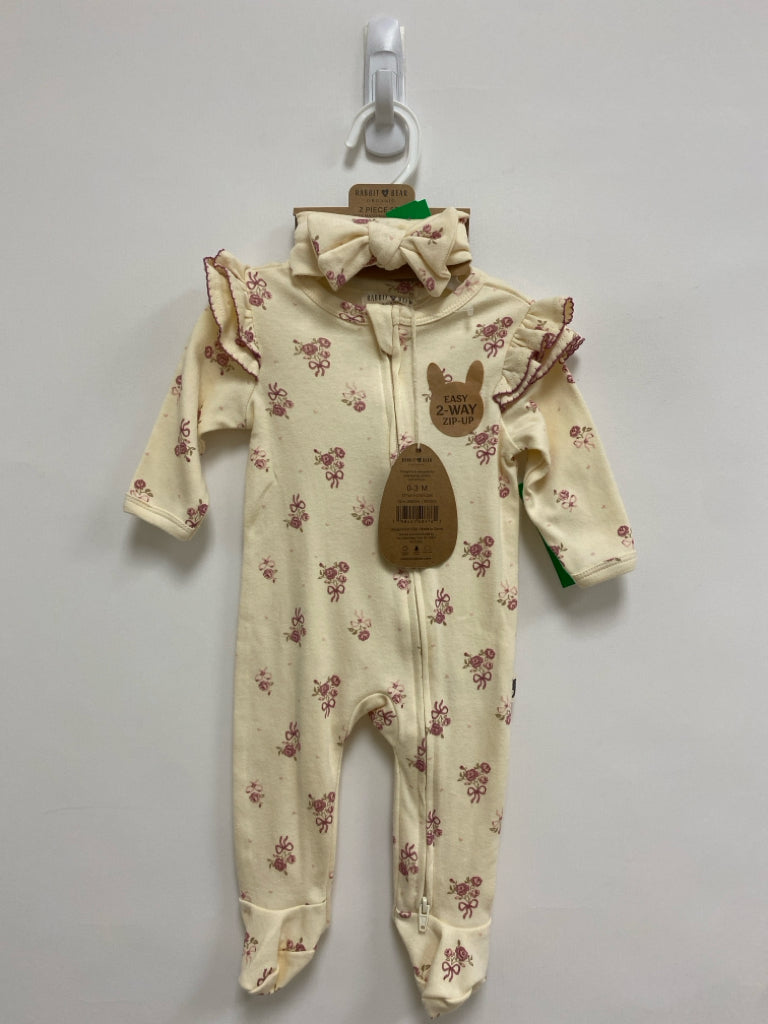 NWT Rabbit+Bear SIZE 0-3M Ivory Dusty Pink Flowers Girl&