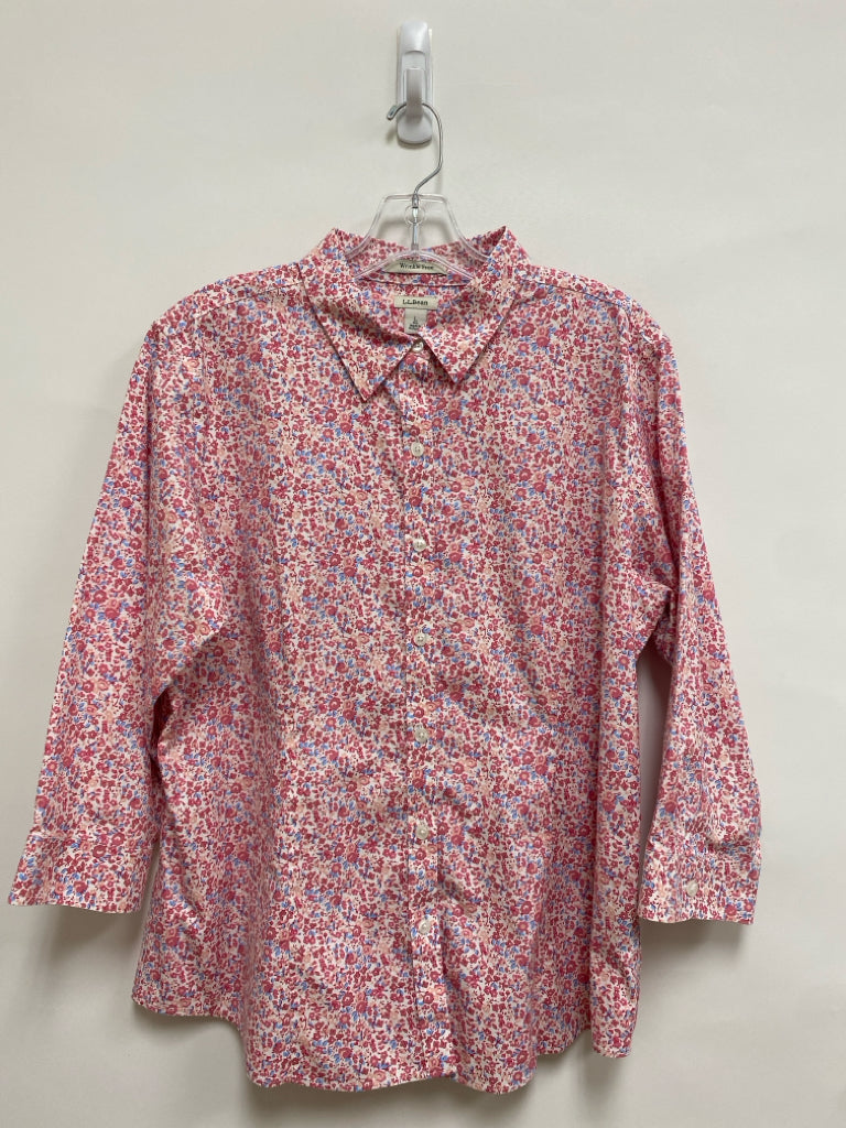 L L Bean Size L White/Peach Pink/Blue Flowers Button Up Ladies Top