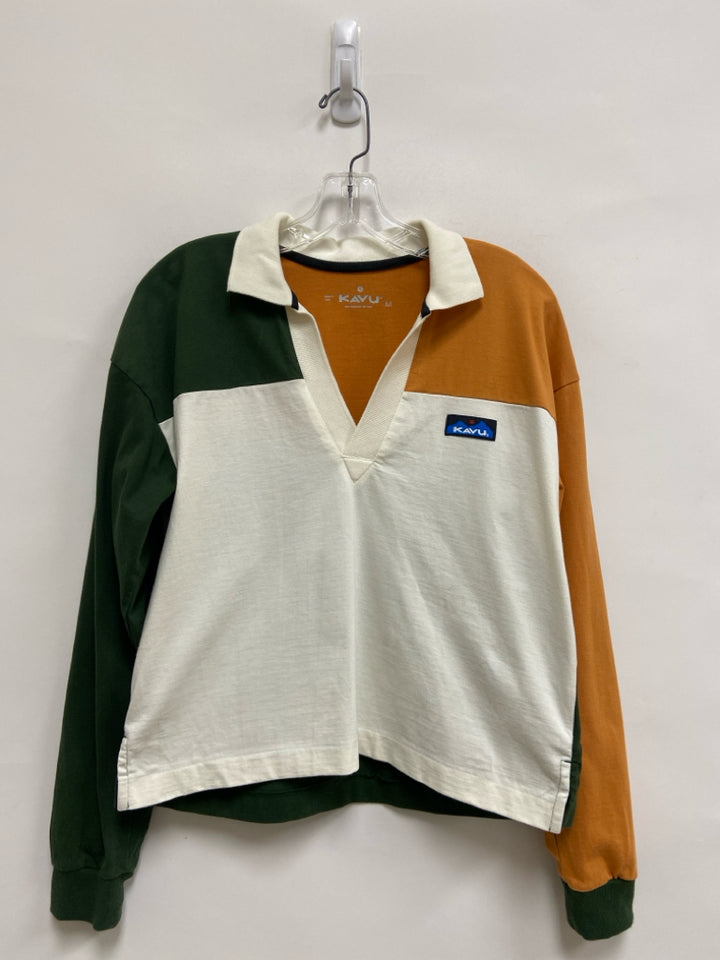 Kavu Size M Pumpkin Cream/Green Color Block Rugby Ladies Top