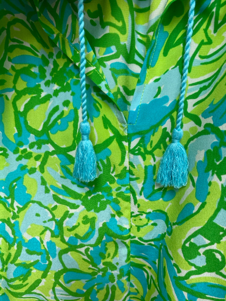 LILLY PULITZER Size XS Green Aqua/White Floral Sleeveless Silk Ladies Top