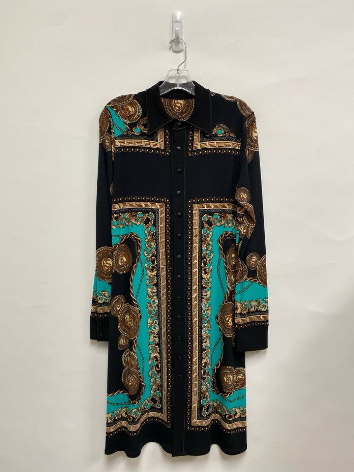 Size L Black Turquoise/Tan Medallion Long Sleeve Ladies Dress