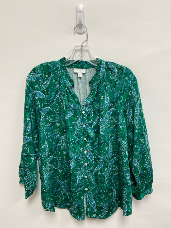 J Jill Size SP Green White/Blue Paisley Button Up Petite Top