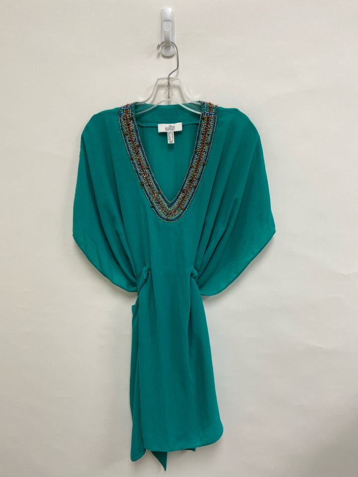 BADGLEY MISCHKA Size 2 Teal Green Multi Color Trimmed Beaded Ladies Dress