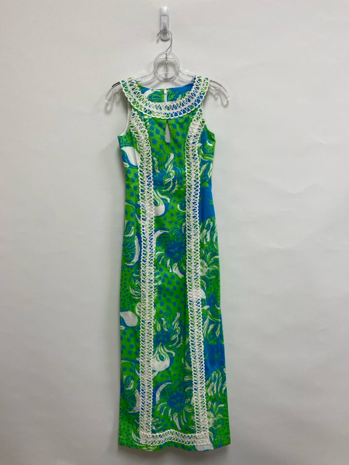 LILLY PULITZER Size 00 Blue/White Lime Green Maxi Ladies Dress