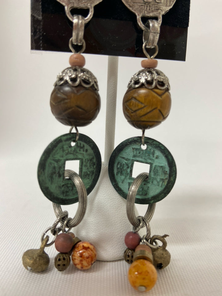 Silver Color Green/Brown Coin Earrings