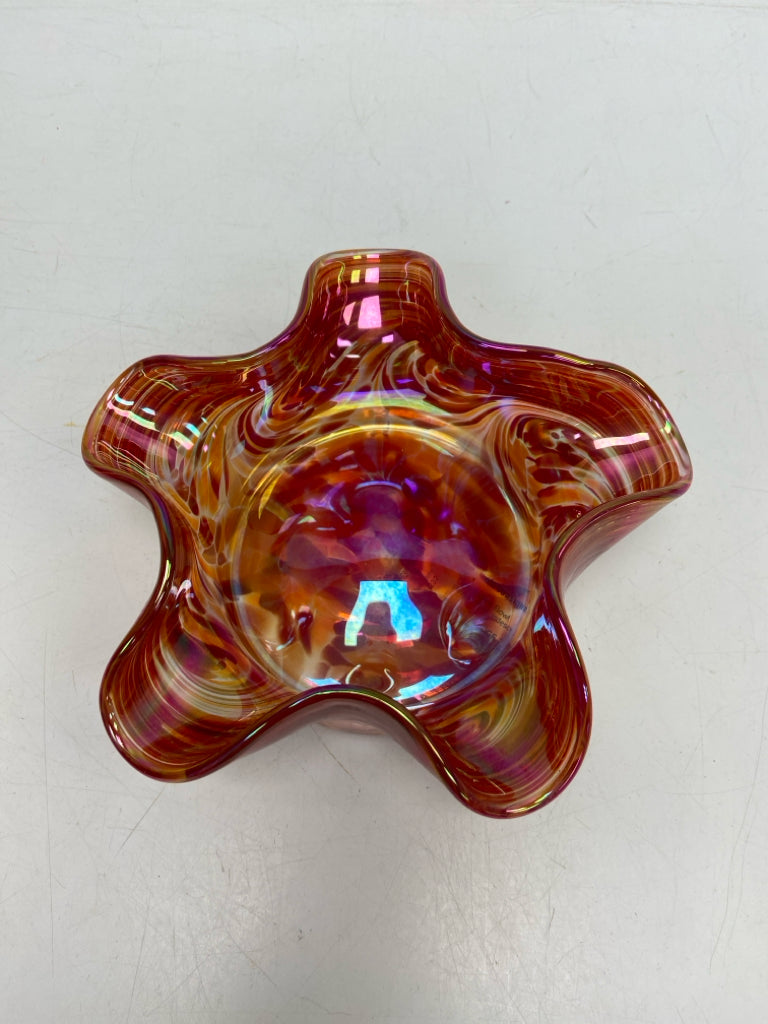 Peach Red Iridescent Glass Decorative Bowl