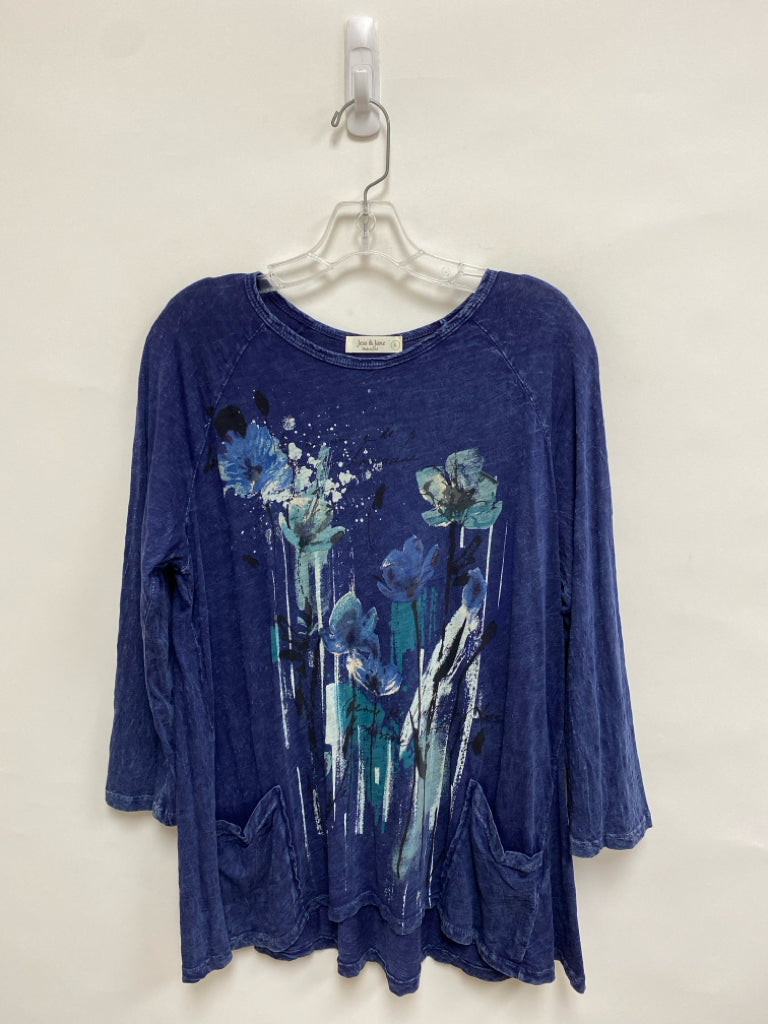 Jess &amp; Jane Size L Dark Blue Blue/Black Flowers Ladies Top